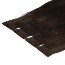 Nahaufnahme von 10 schwarzbraunen Tape-In Extensions, 50 cm Länge, Virgin Echthaar, Klebestreifenansicht